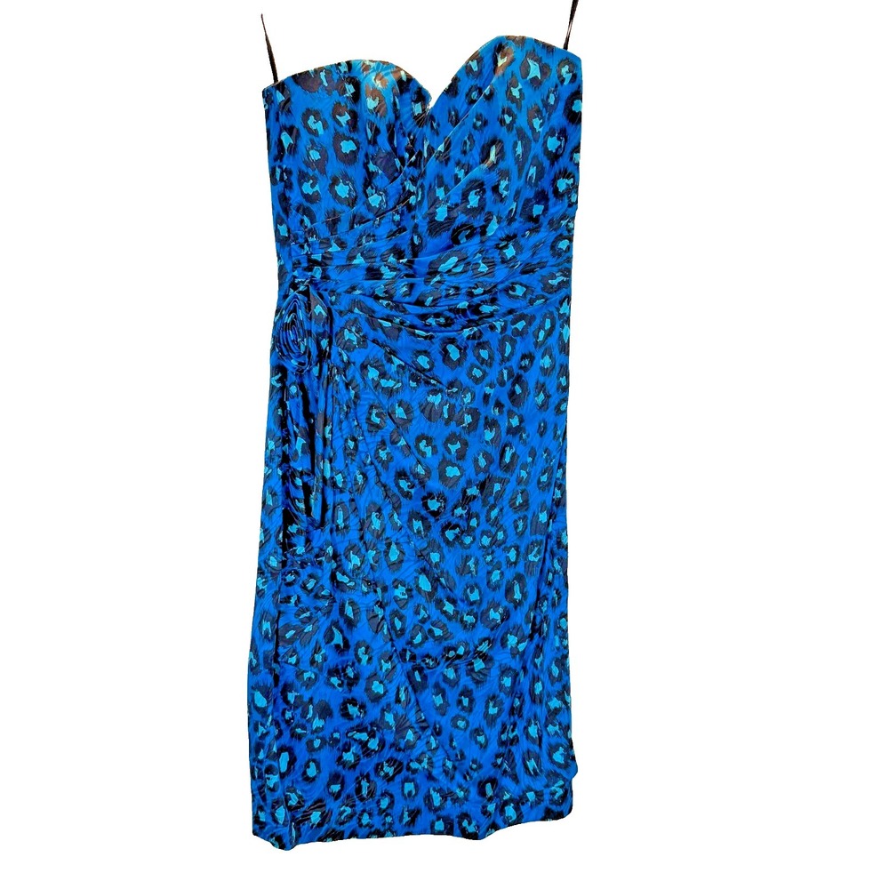 Vintage 80s 90s Blue Leopard Print Silk Cocktail Party Dress Sz 4 Rosette